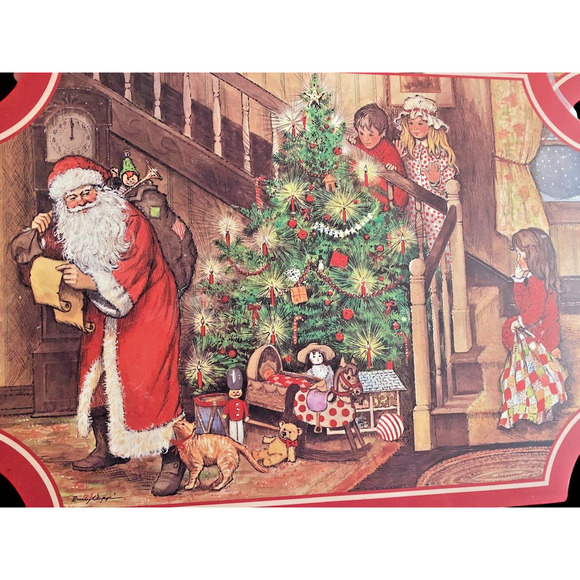 Christmas Placemats Vintage Set Lot 4 Vinyl 1980s Santa Tree Children 2 Sided - Picture 4 of 8